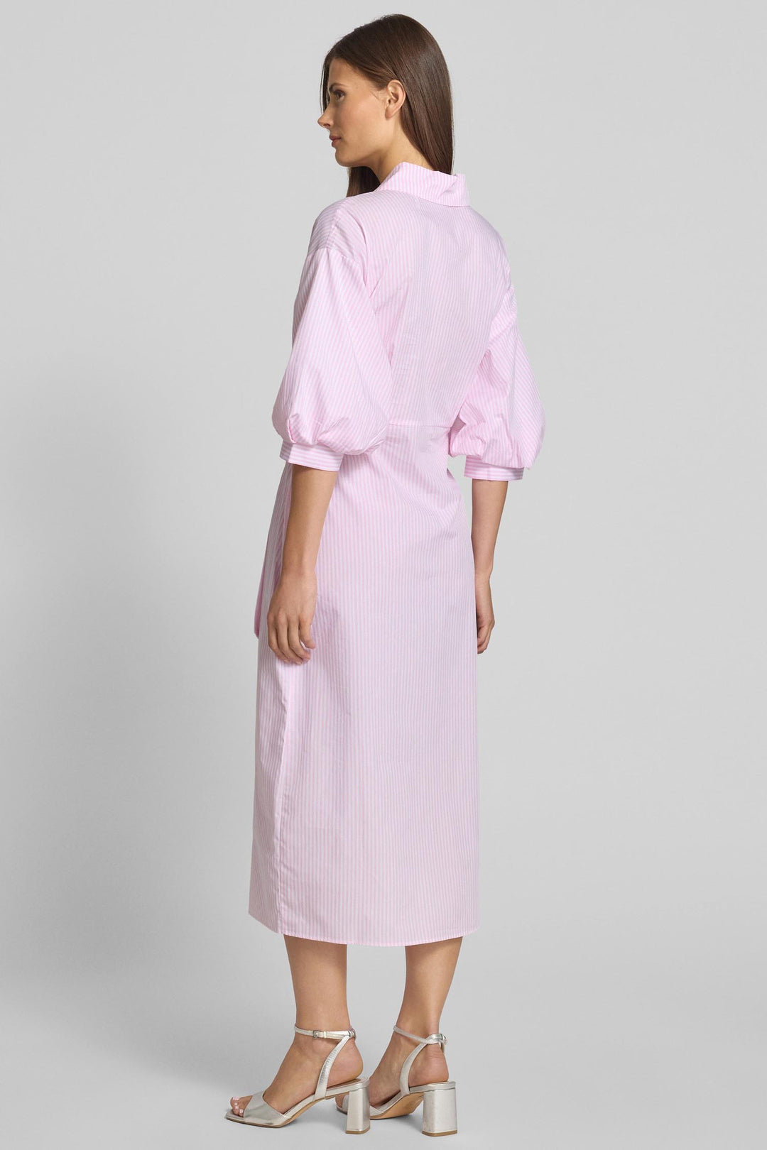 Striped Shirt Dress w Balloon Sleeves in Bubblegum Pink