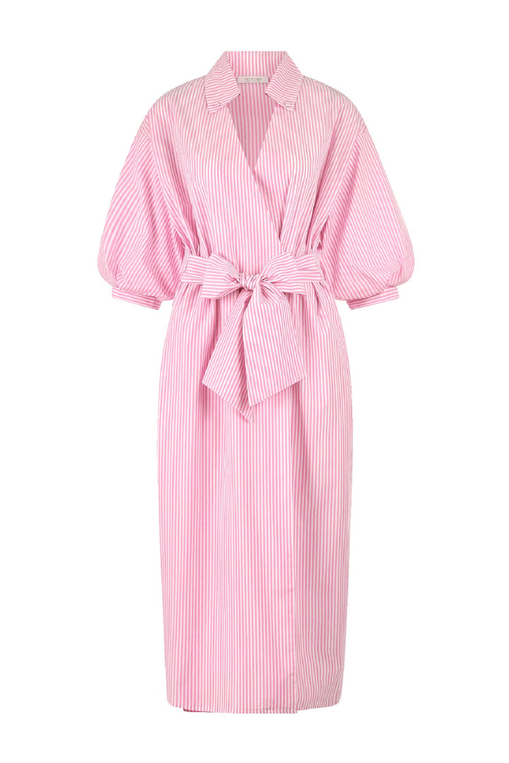Striped Shirt Dress w Balloon Sleeves in Bubblegum Pink