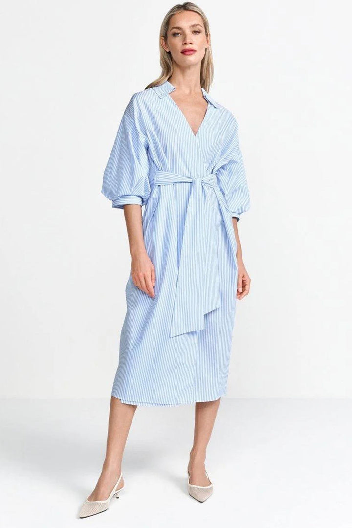Striped Shirt Dress w Balloon Sleeves in Skyway Blue