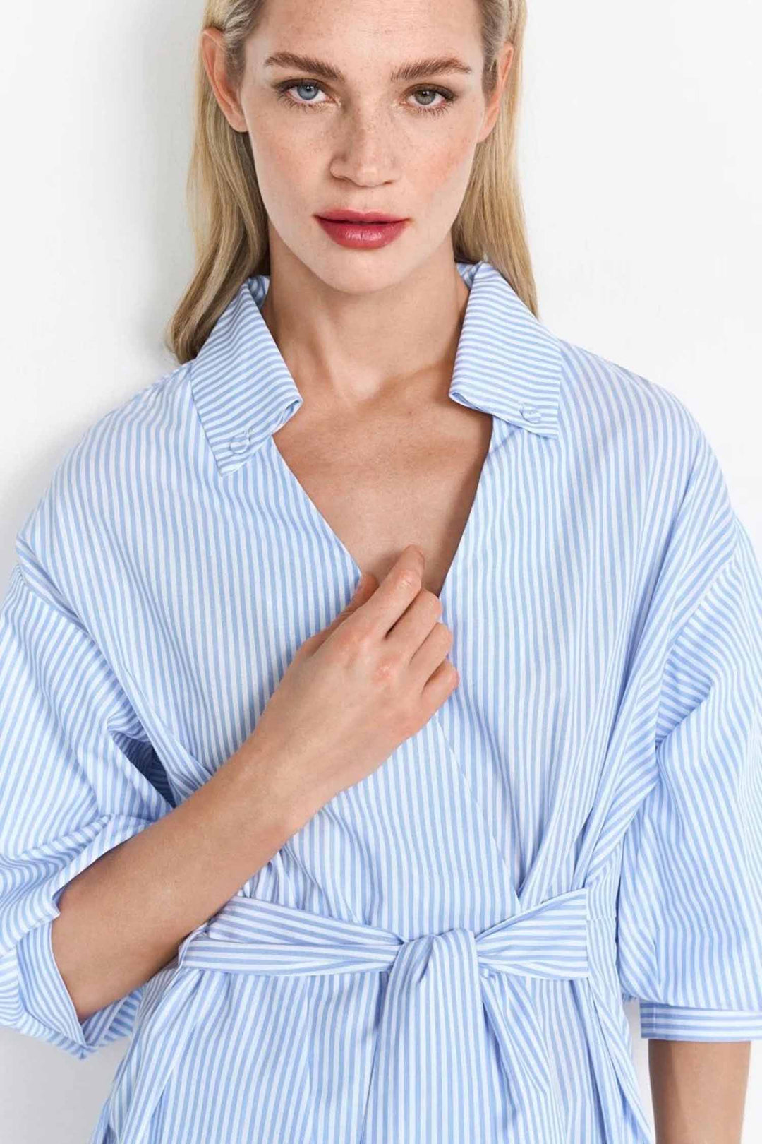 Striped Shirt Dress w Balloon Sleeves in Skyway Blue