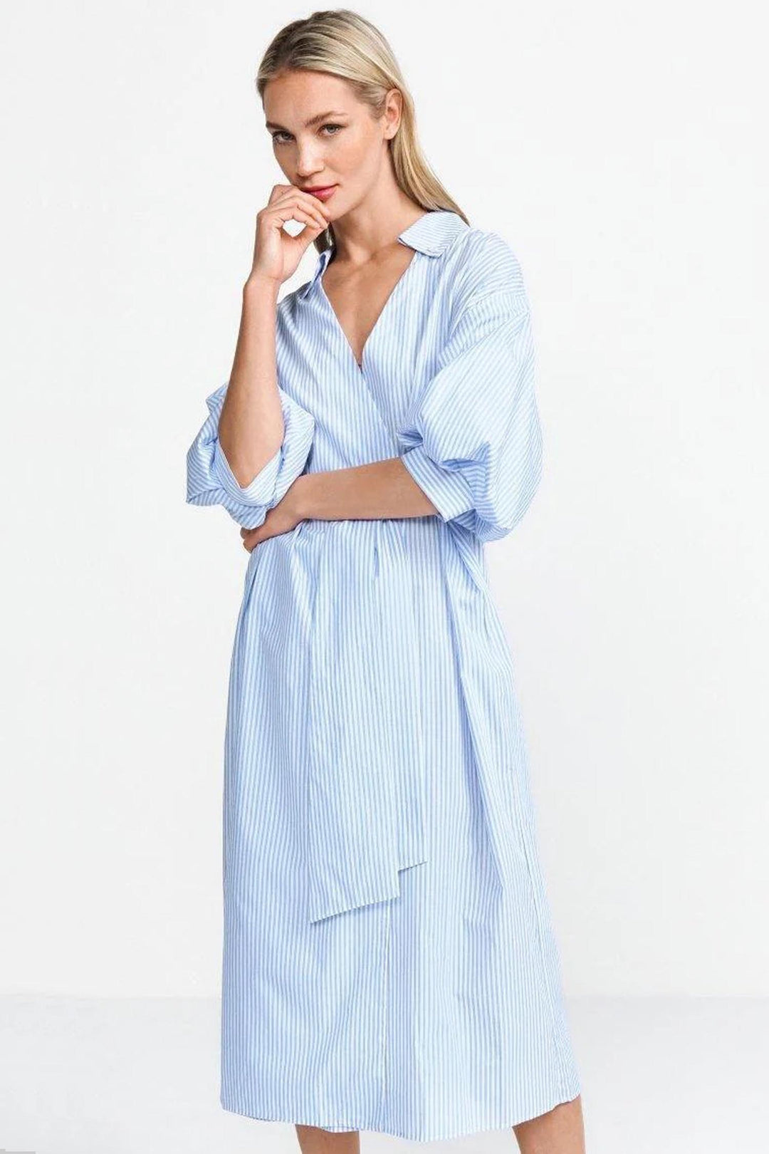 Striped Shirt Dress w Balloon Sleeves in Skyway Blue