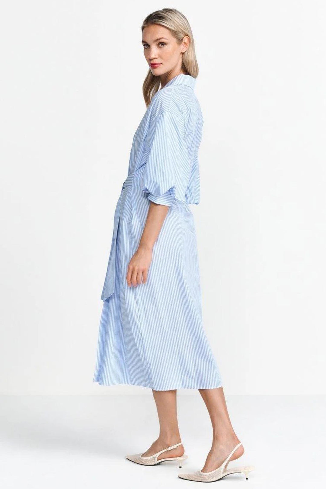 Striped Shirt Dress w Balloon Sleeves in Skyway Blue