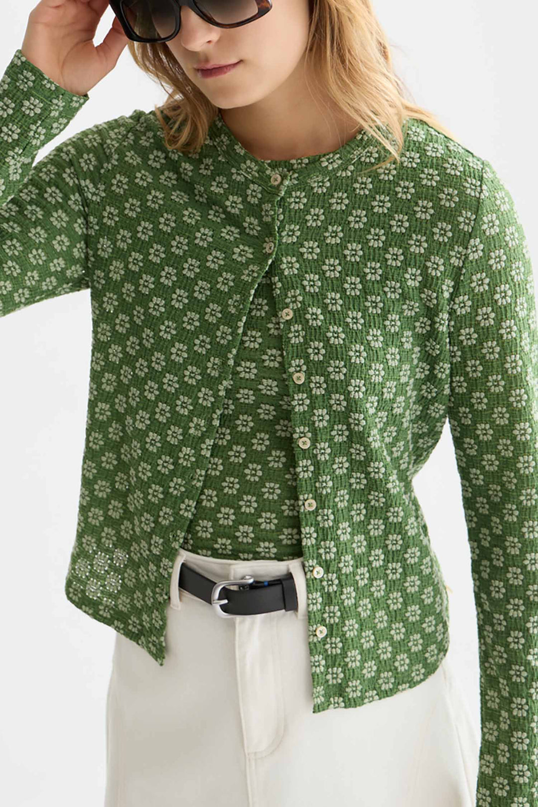 Structured Button L/S T-Shirt in Garden Green