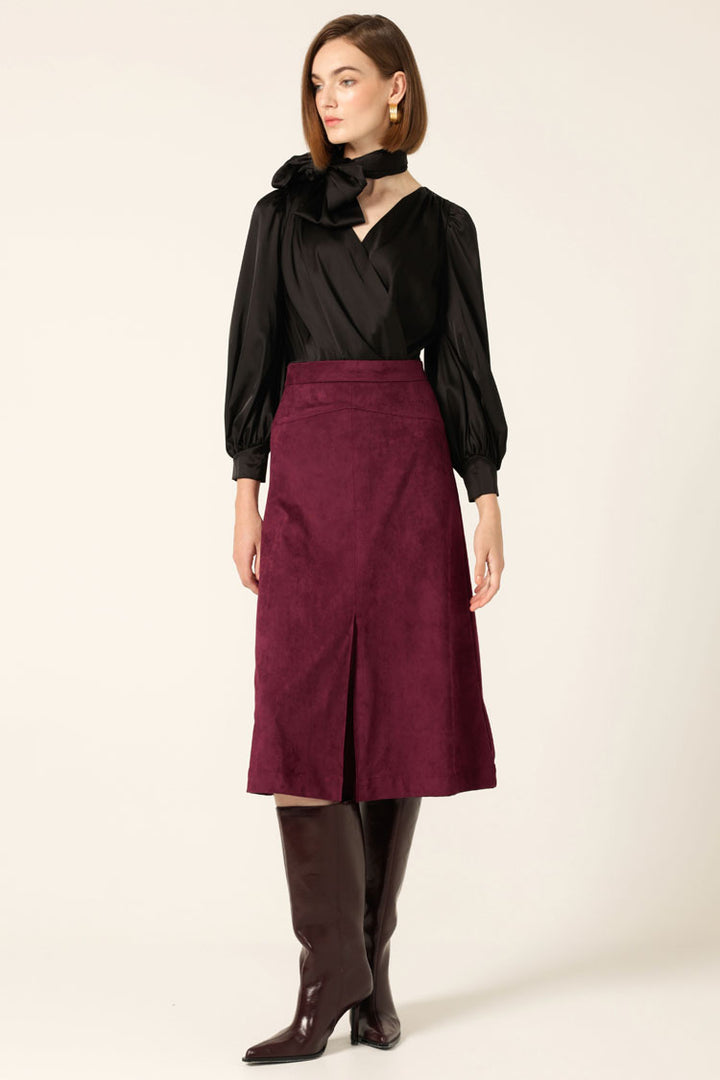 Suede A-Line Midi Skirt in Plum