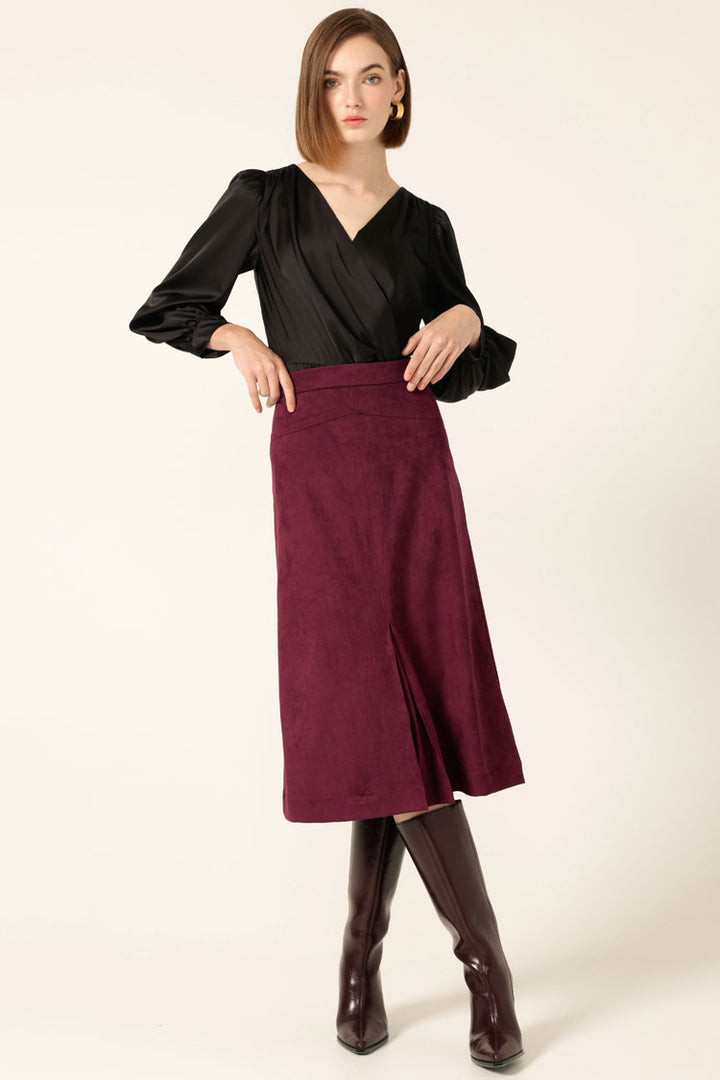 Suede A-Line Midi Skirt in Plum