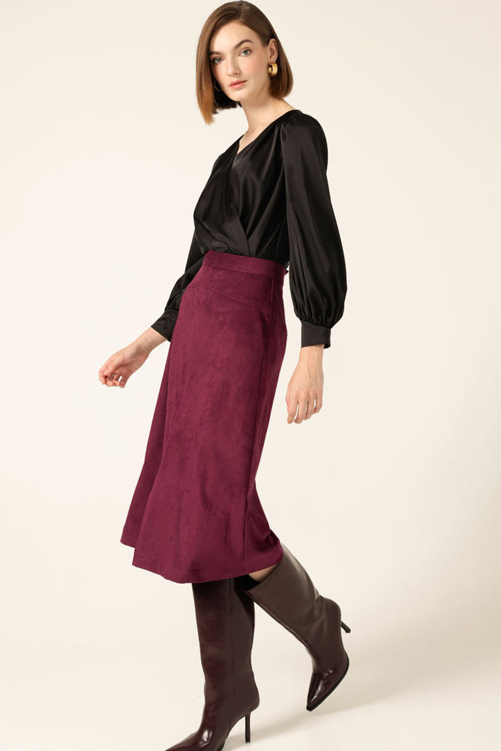Suede A-Line Midi Skirt in Plum