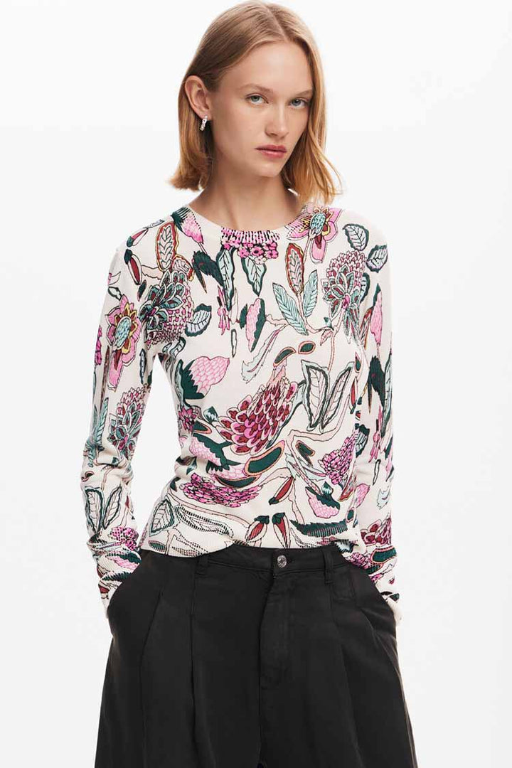 Sweater with Floral Prints in Off-White