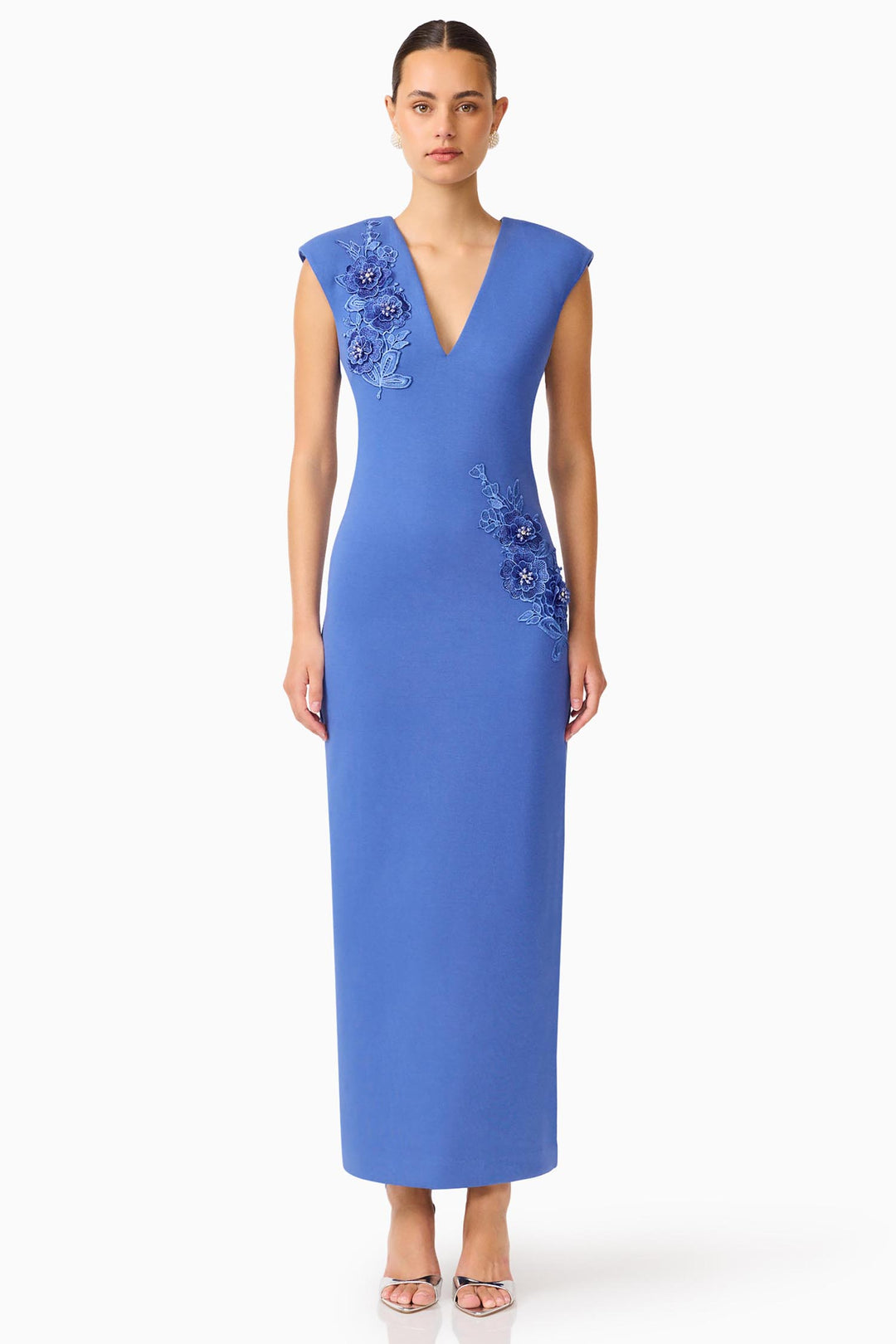 Talitha Plunging Neck Column Dress in Cornflower Blue