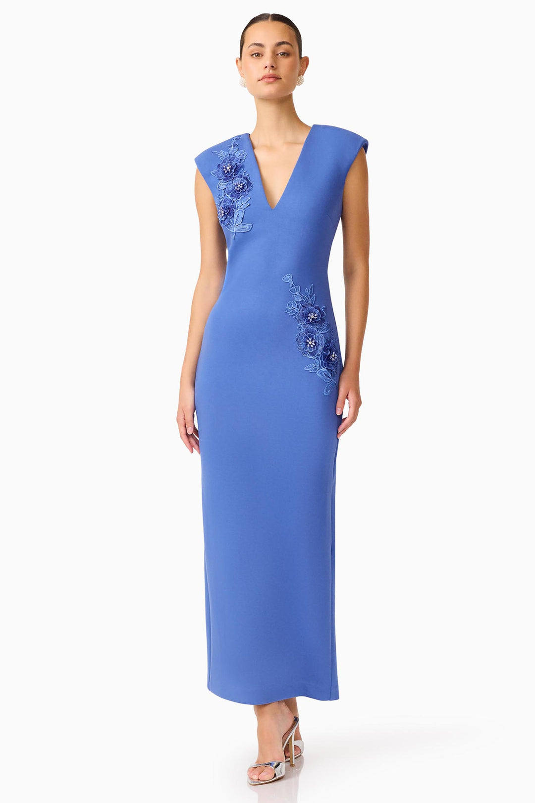 Talitha Plunging Neck Column Dress in Cornflower Blue
