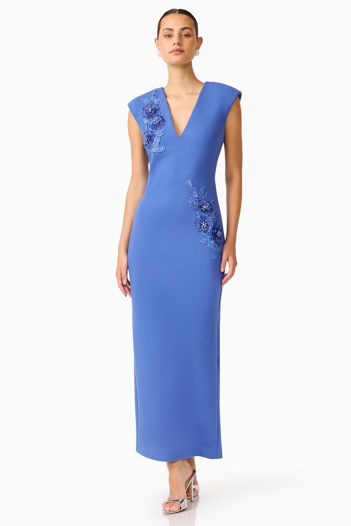 Talitha Plunging Neck Column Dress in Cornflower Blue