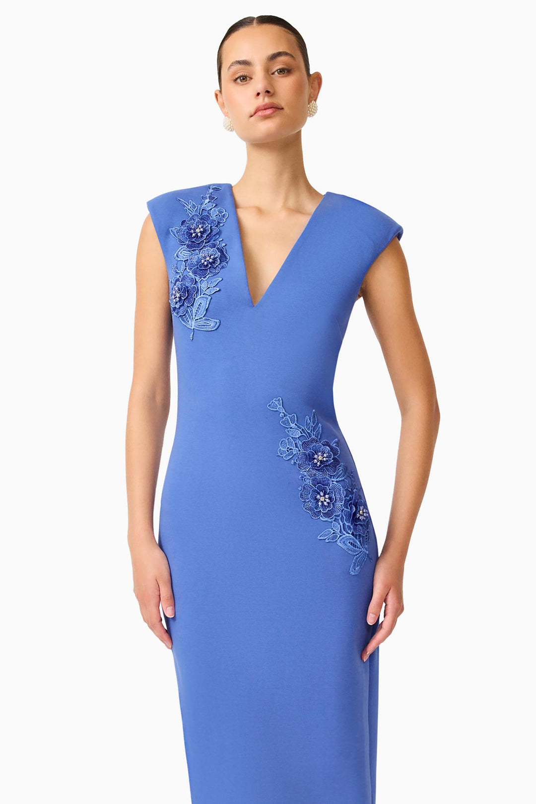 Talitha Plunging Neck Column Dress in Cornflower Blue