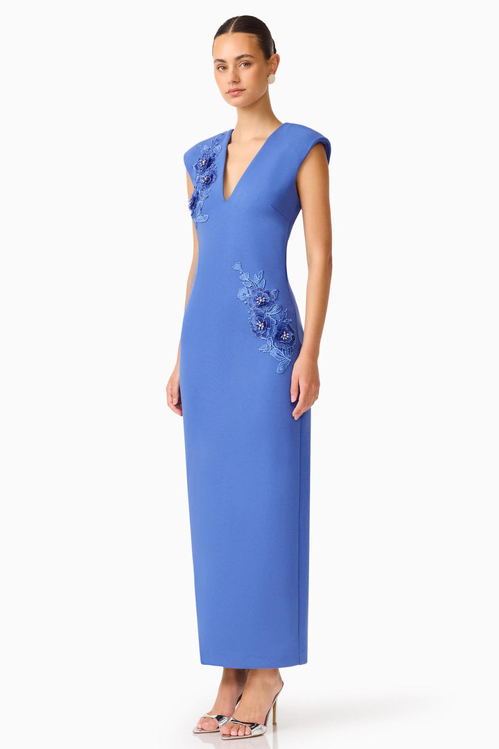 Talitha Plunging Neck Column Dress in Cornflower Blue