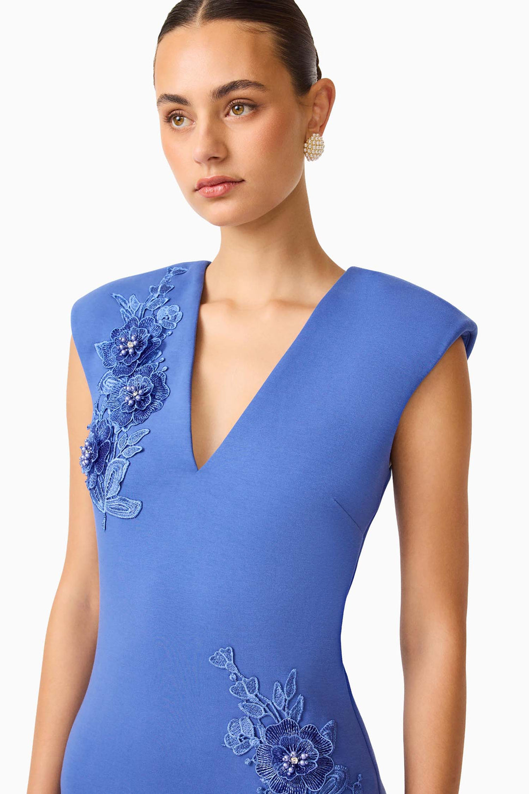Talitha Plunging Neck Column Dress in Cornflower Blue