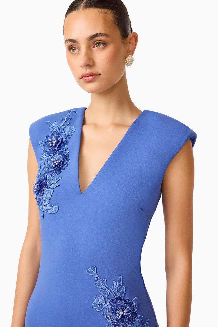 Talitha Plunging Neck Column Dress in Cornflower Blue