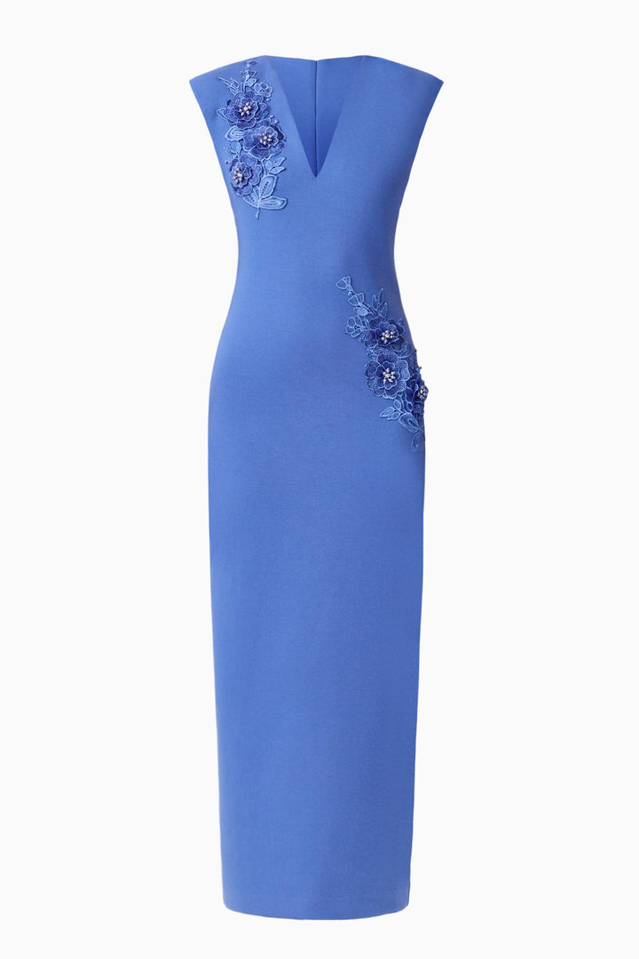 Talitha Plunging Neck Column Dress in Cornflower Blue
