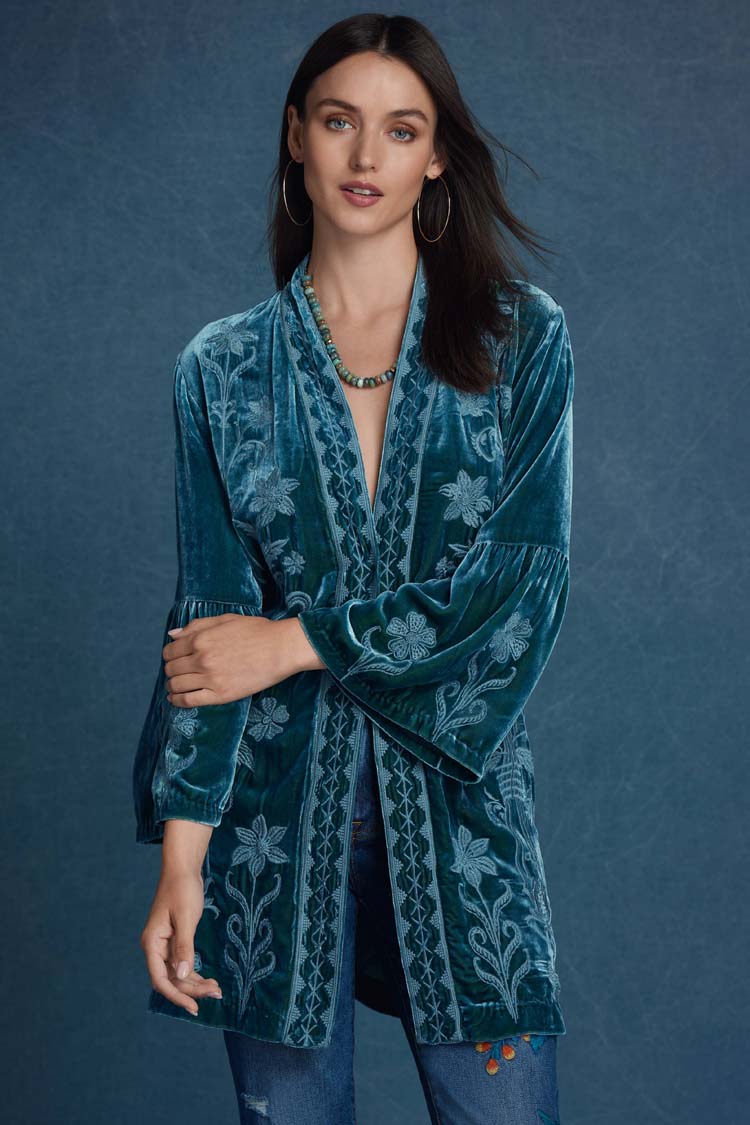 Talithia Velvet Ruffle Sleeve Kimono in Peacock