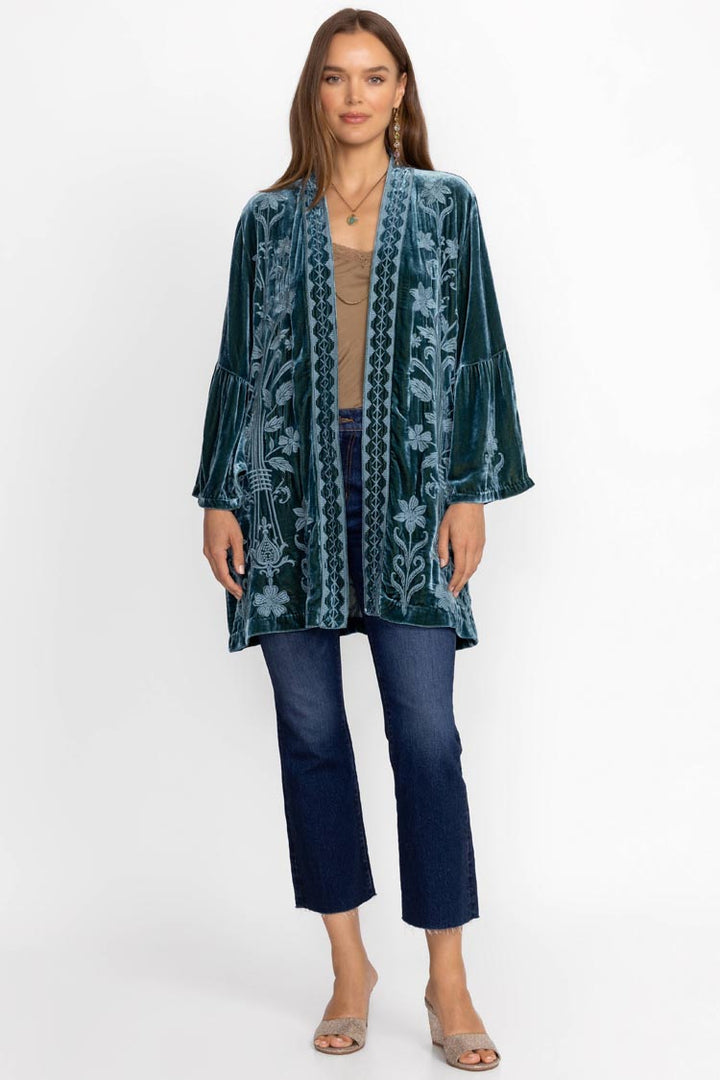 Talithia Velvet Ruffle Sleeve Kimono in Peacock