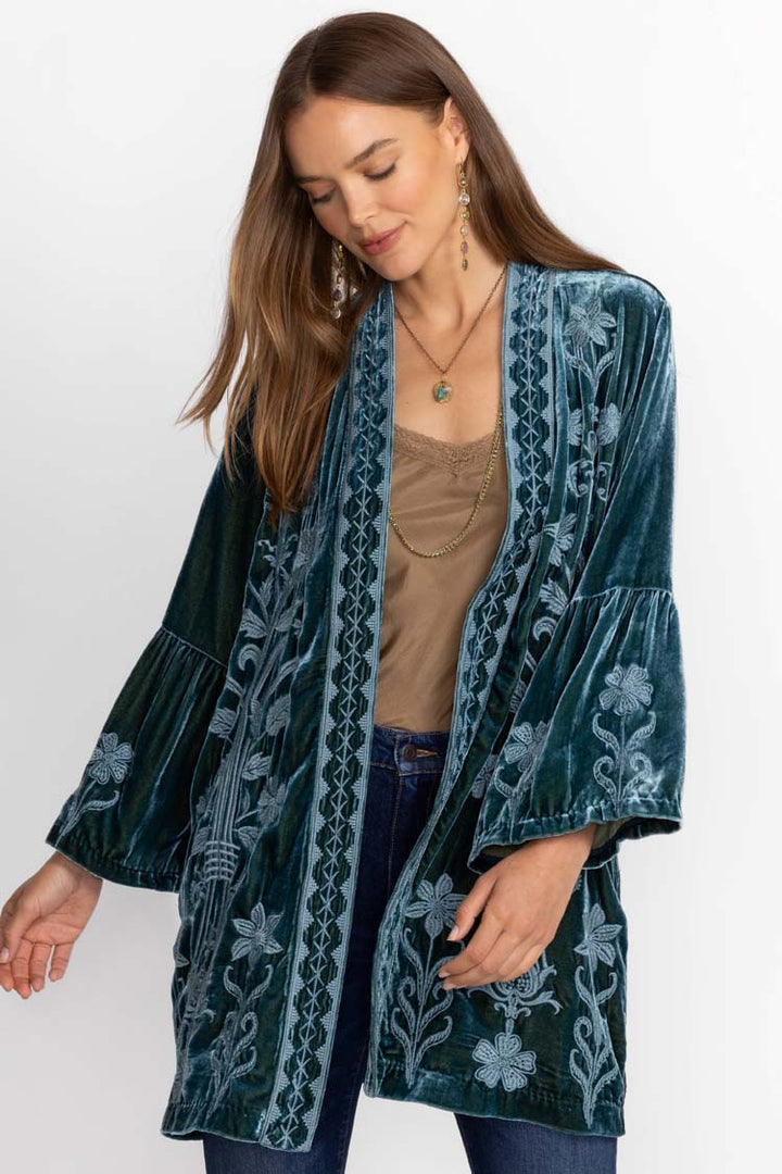 Talithia Velvet Ruffle Sleeve Kimono in Peacock