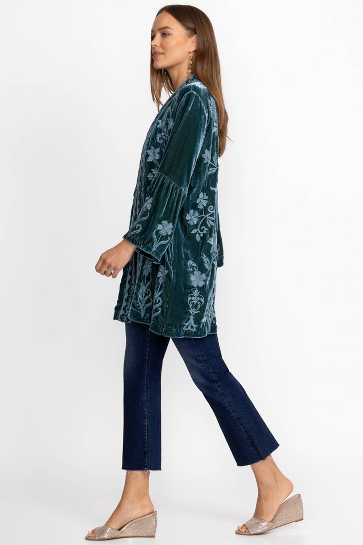 Talithia Velvet Ruffle Sleeve Kimono in Peacock