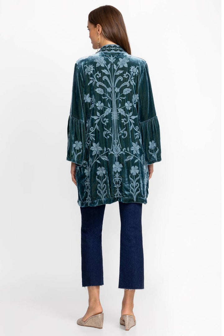 Talithia Velvet Ruffle Sleeve Kimono in Peacock