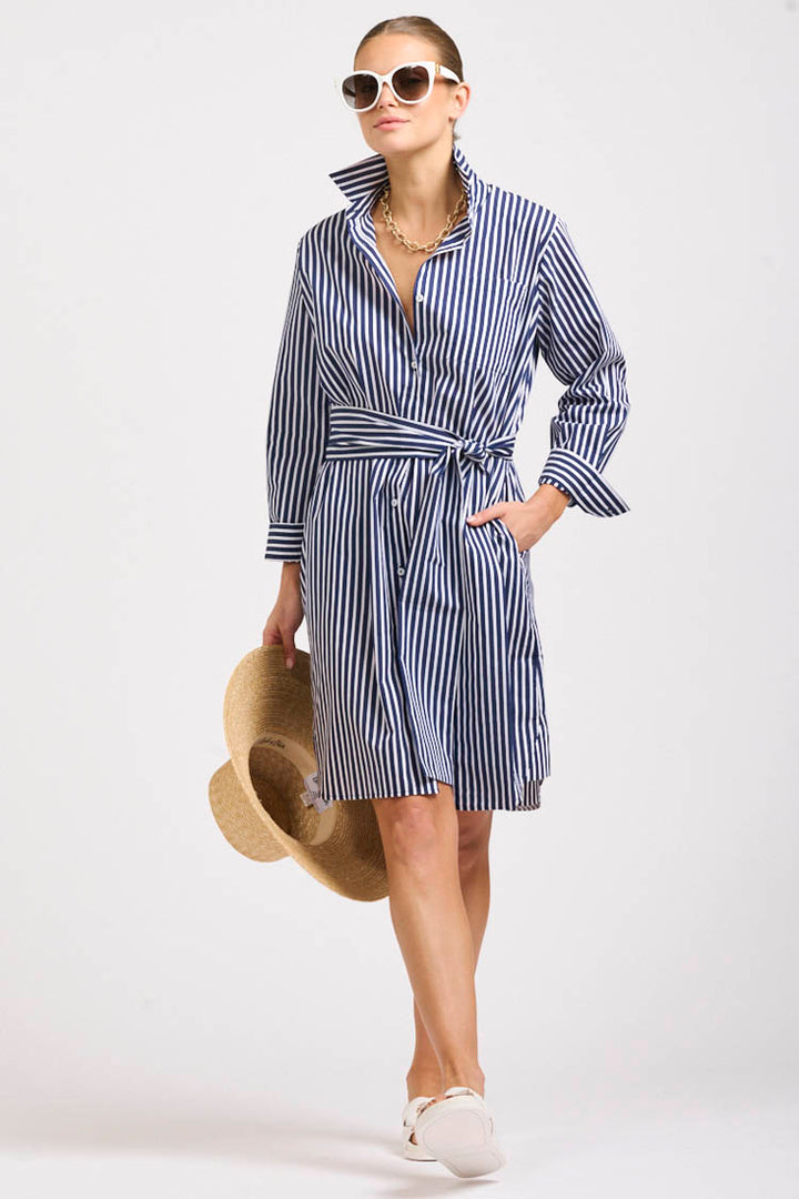 Classic Cotton Shirtdress in Navy Stripe