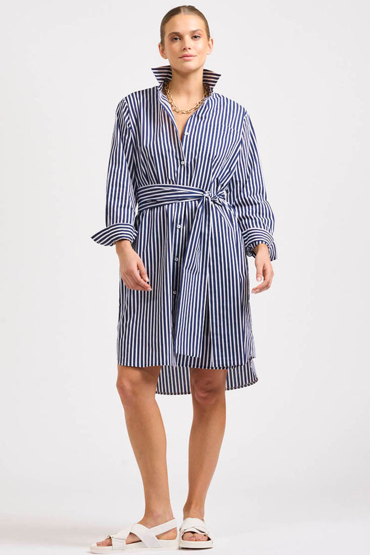 Classic Cotton Shirtdress in Navy Stripe