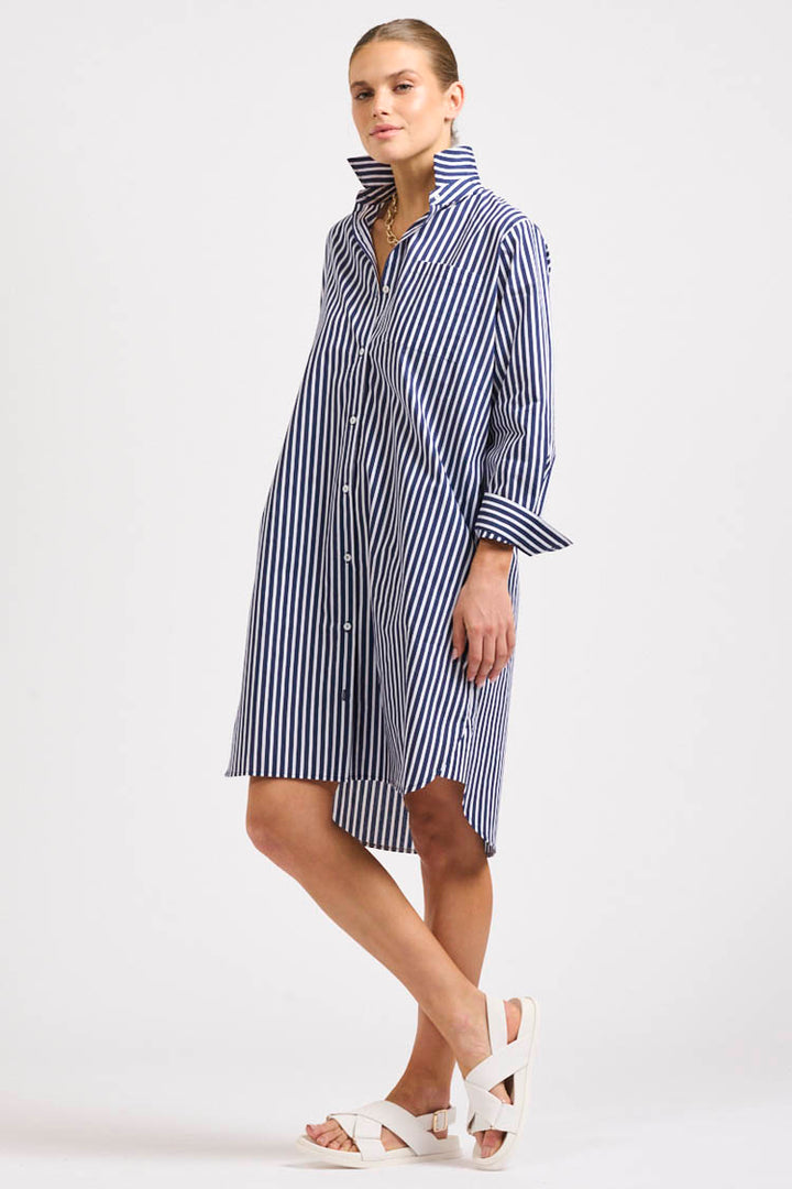 Classic Cotton Shirtdress in Navy Stripe