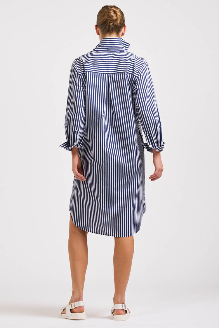 Classic Cotton Shirtdress in Navy Stripe