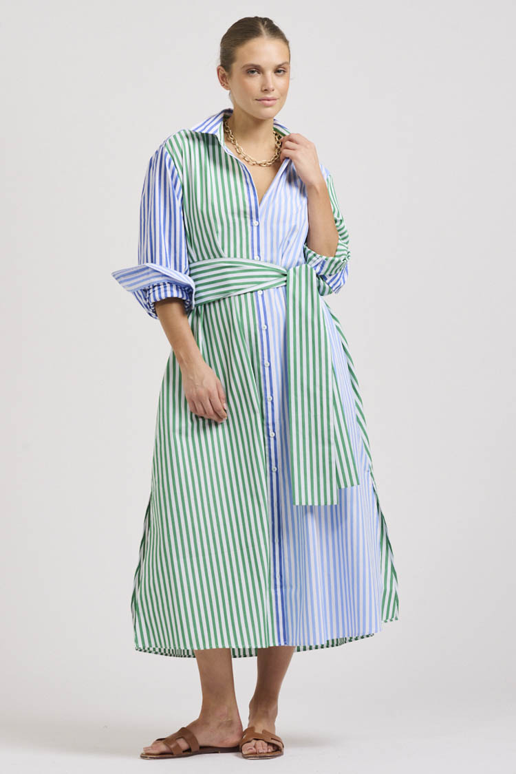 Luna Oversized Long Shirtdress in Blue Green Stripe