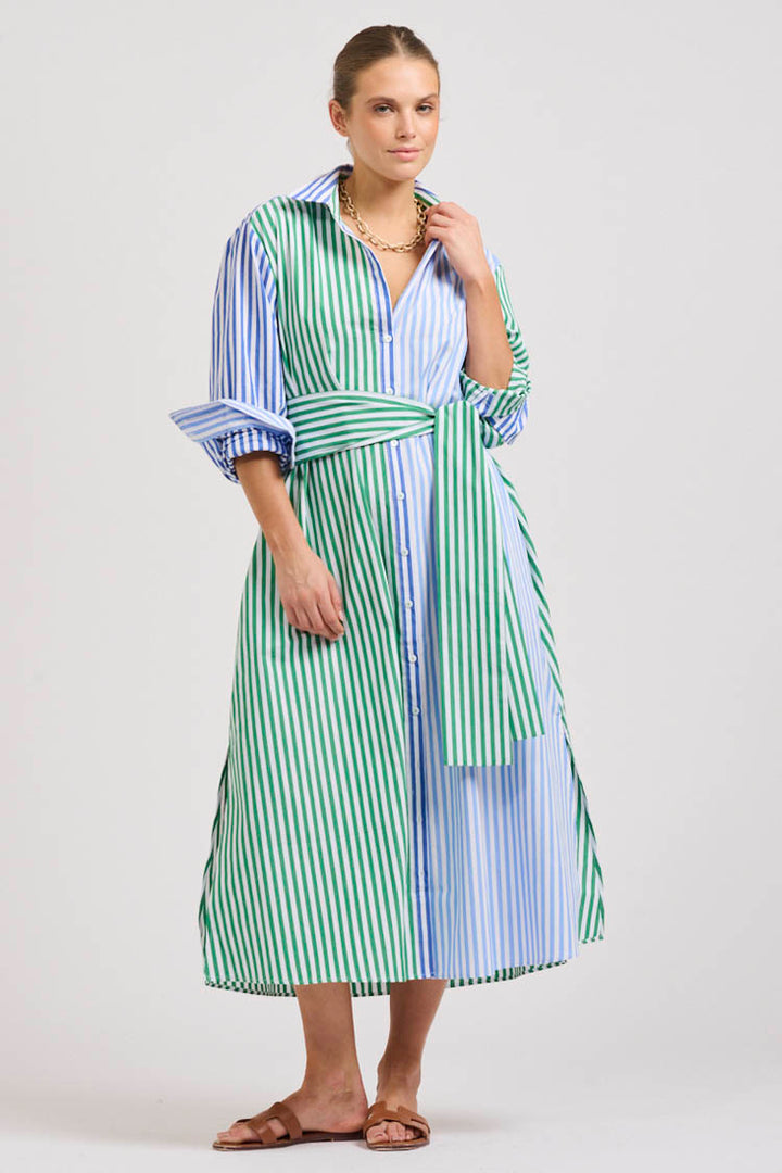 Luna Oversized Long Shirtdress in Blue Green Stripe