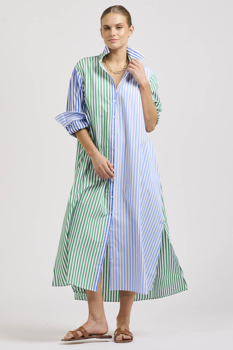 Luna Oversized Long Shirtdress in Blue Green Stripe