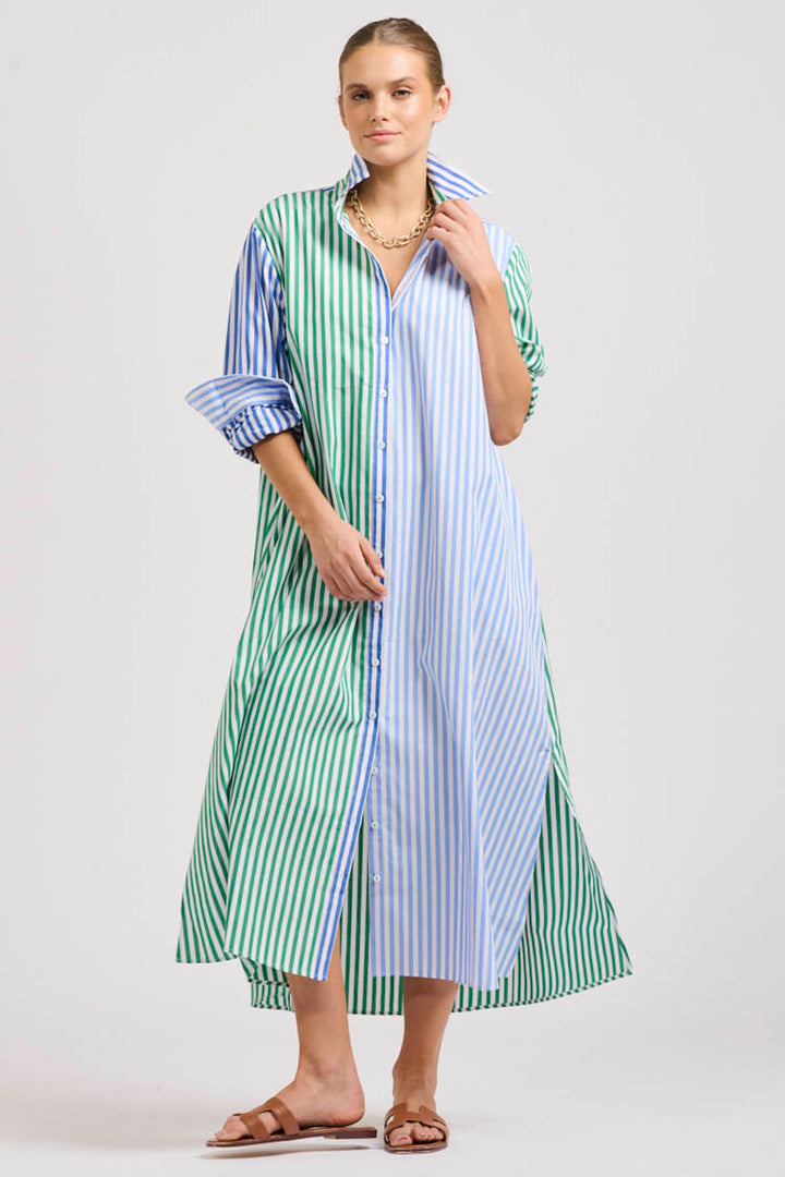 Luna Oversized Long Shirtdress in Blue Green Stripe