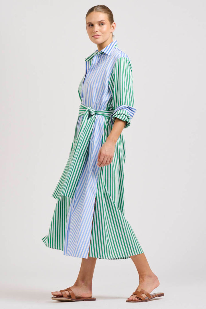 Luna Oversized Long Shirtdress in Blue Green Stripe