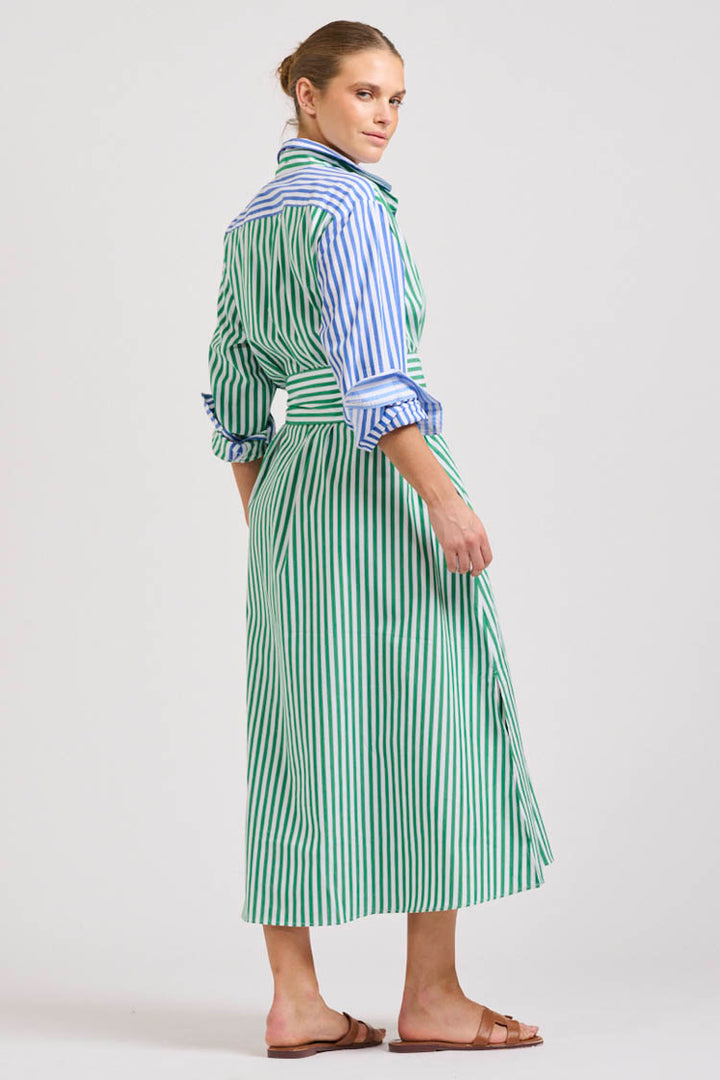 Luna Oversized Long Shirtdress in Blue Green Stripe