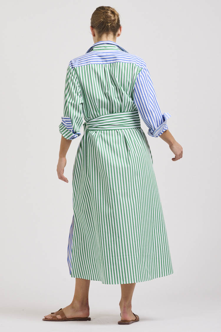 Luna Oversized Long Shirtdress in Blue Green Stripe