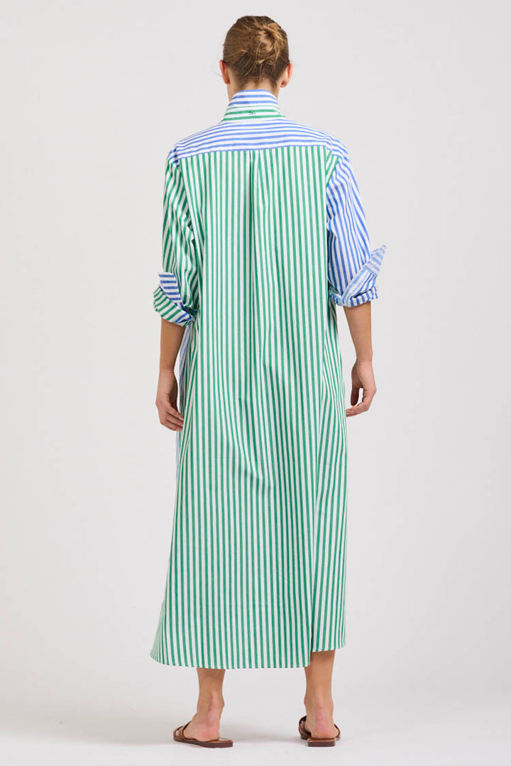 Luna Oversized Long Shirtdress in Blue Green Stripe