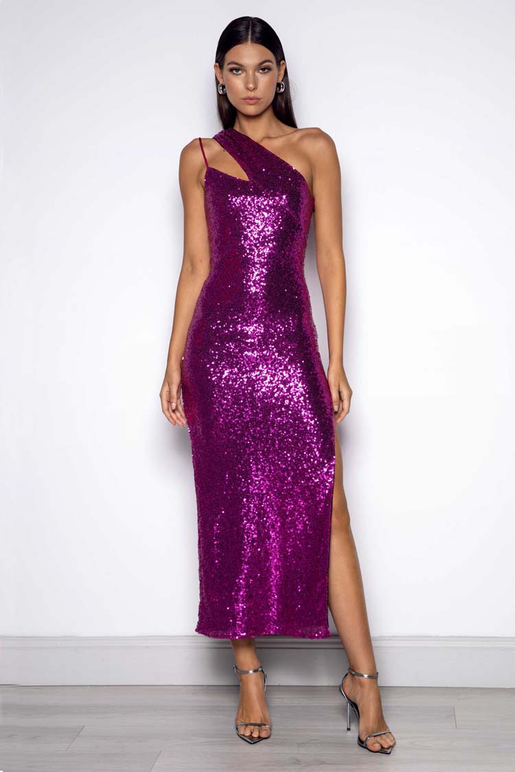 Theodore Sequin Midi Dress in Magenta