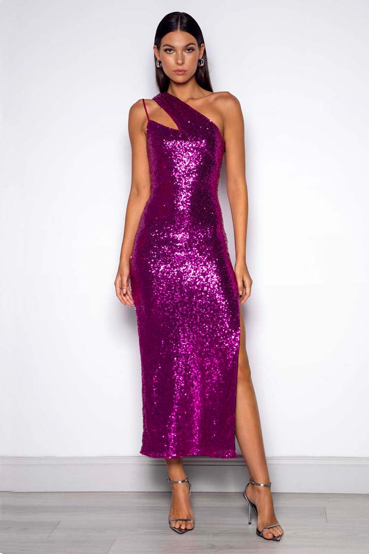 Theodore Sequin Midi Dress in Magenta