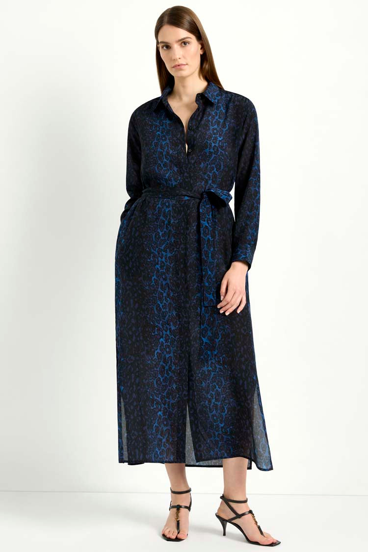 Tie Shirt Dress in Sapphire Leopard