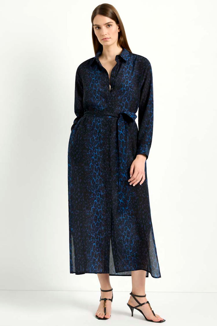 Tie Shirt Dress in Sapphire Leopard