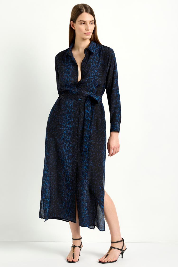 Tie Shirt Dress in Sapphire Leopard