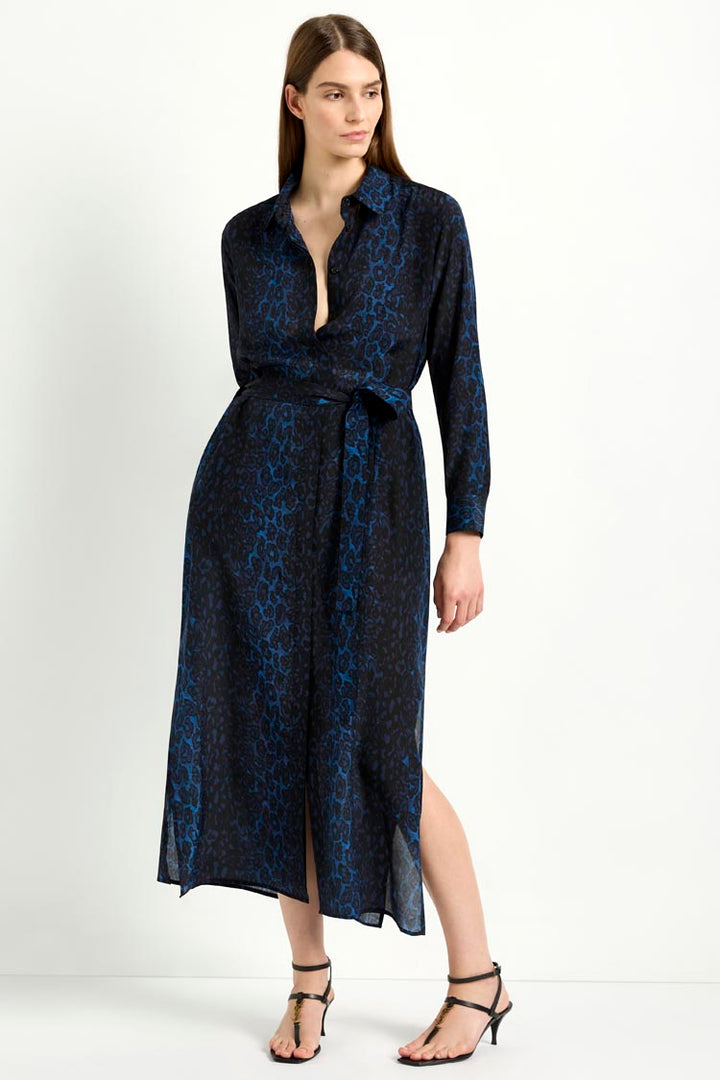 Tie Shirt Dress in Sapphire Leopard