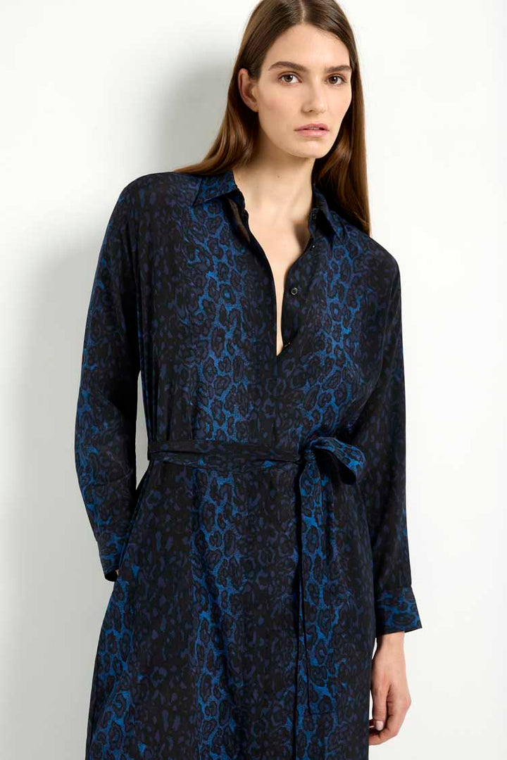 Tie Shirt Dress in Sapphire Leopard