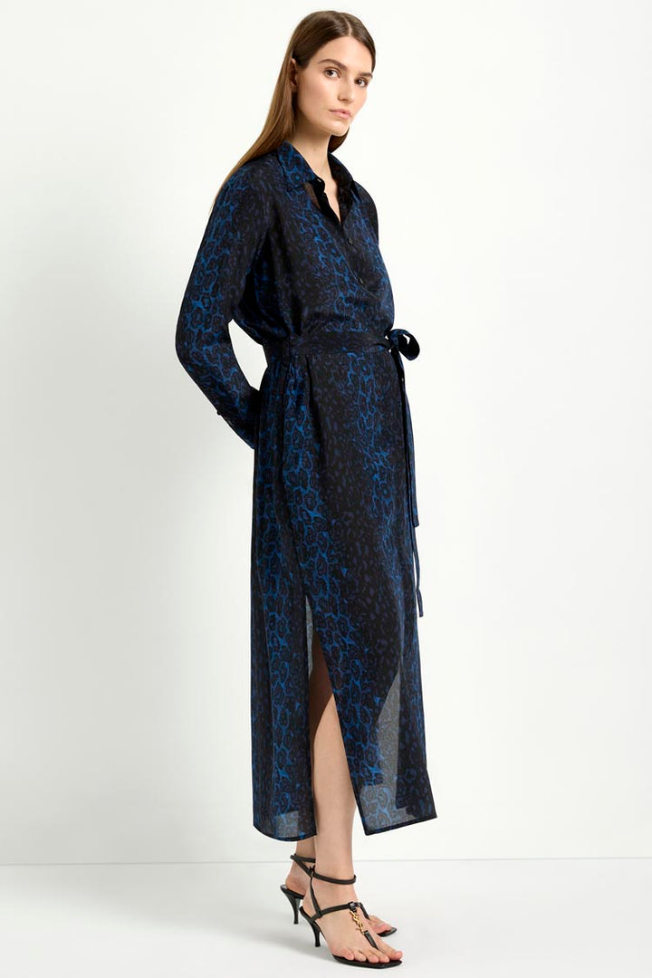 Tie Shirt Dress in Sapphire Leopard
