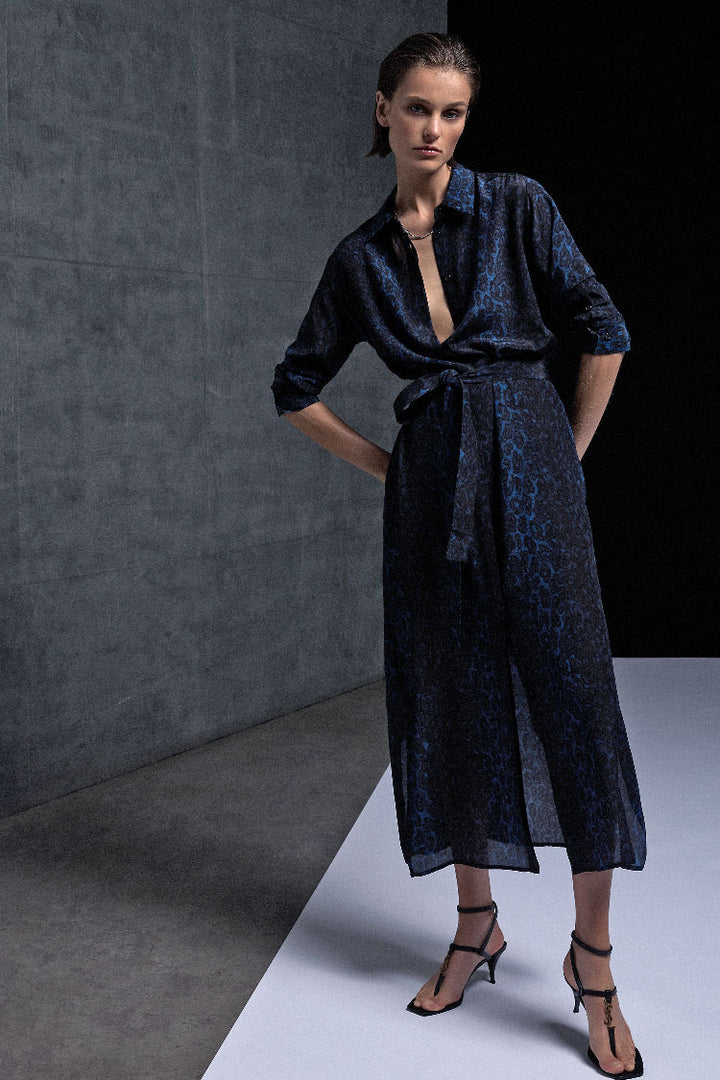 Tie Shirt Dress in Sapphire Leopard