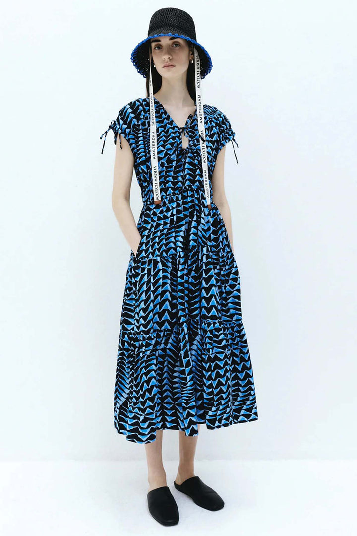 Tiered Poplin Midi Dress in House of Mirrors Blue