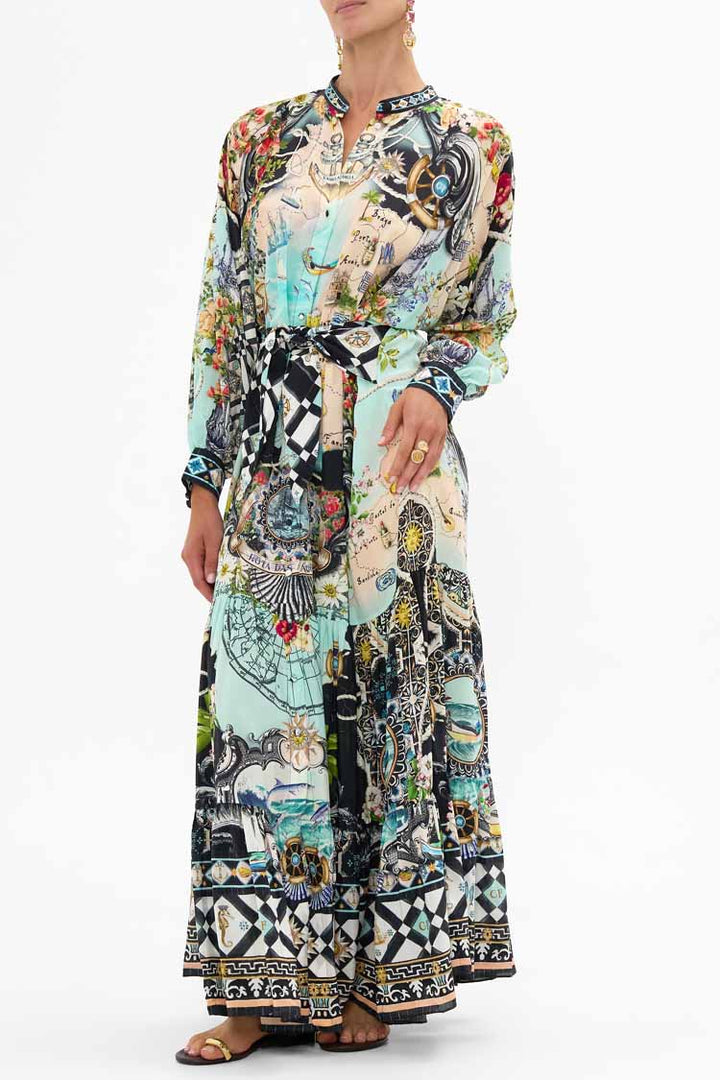 Tiered Shirtdress with Wide Waist Tie in Folk Afloat