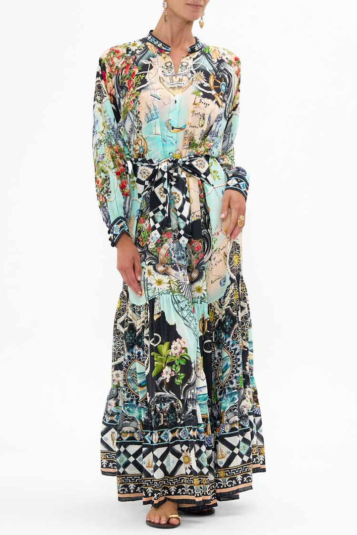 Tiered Shirtdress with Wide Waist Tie in Folk Afloat