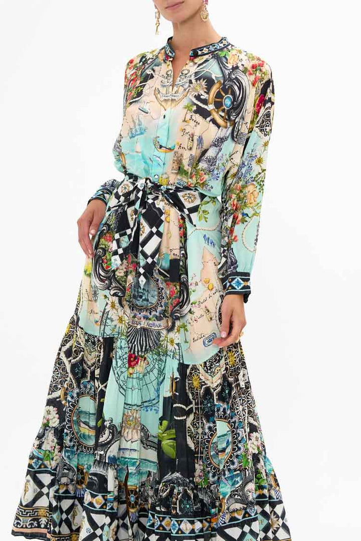 Tiered Shirtdress with Wide Waist Tie in Folk Afloat