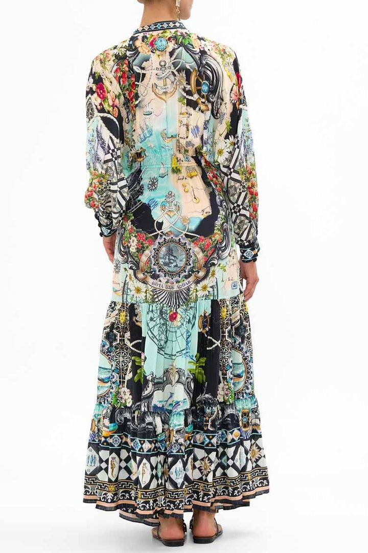 Tiered Shirtdress with Wide Waist Tie in Folk Afloat